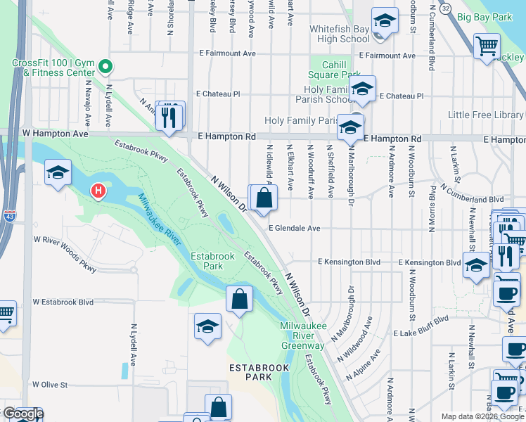 map of restaurants, bars, coffee shops, grocery stores, and more near 4640 North Hollywood Avenue in Whitefish Bay