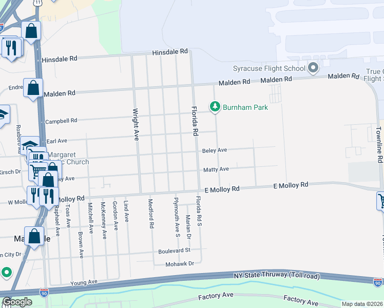 map of restaurants, bars, coffee shops, grocery stores, and more near 300 Florida Road in Mattydale