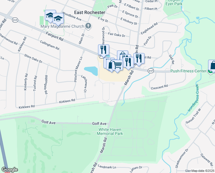 map of restaurants, bars, coffee shops, grocery stores, and more near 5 Silverwood Circle in East Rochester