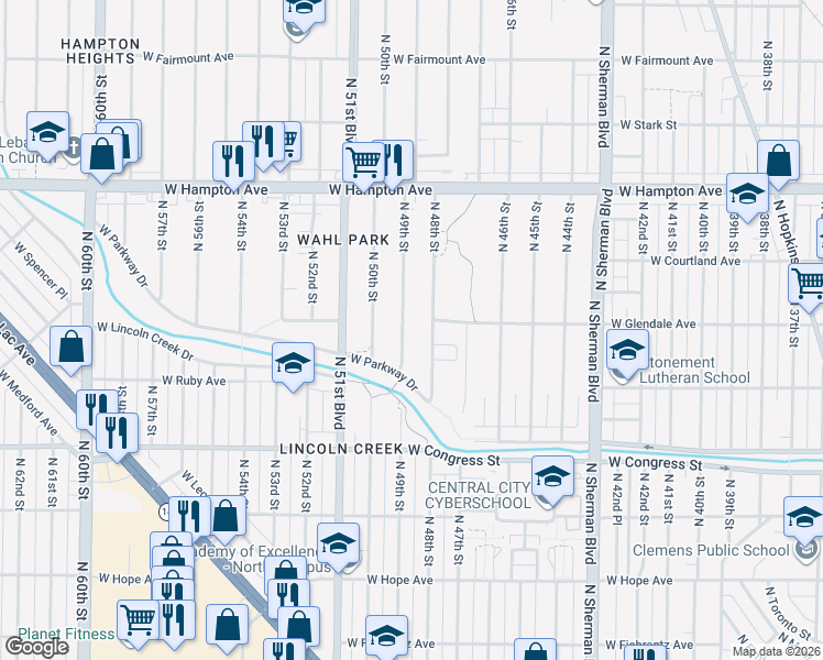 map of restaurants, bars, coffee shops, grocery stores, and more near 4605 North 48th Street in Milwaukee