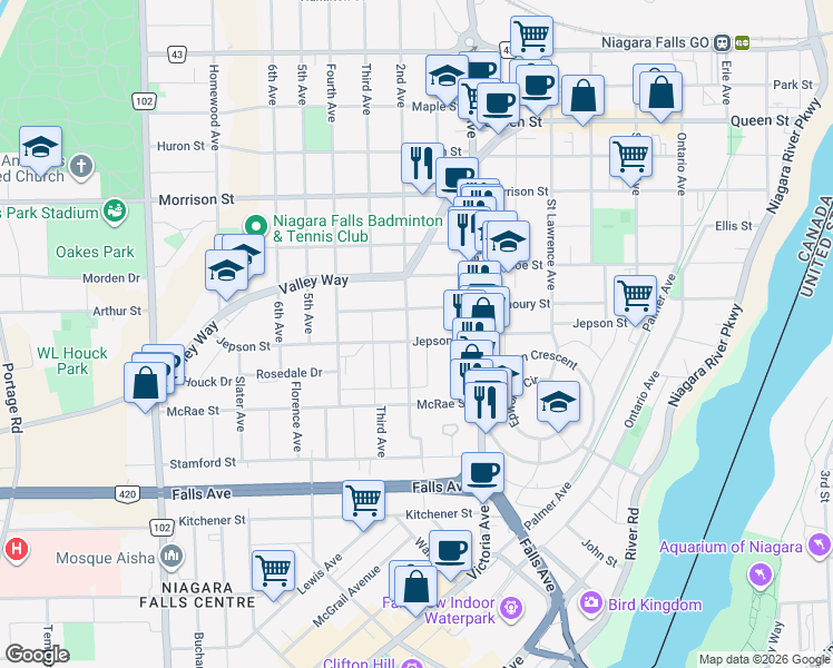 map of restaurants, bars, coffee shops, grocery stores, and more near 4933 Jepson Street in Niagara Falls