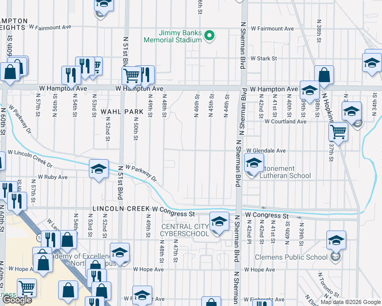 map of restaurants, bars, coffee shops, grocery stores, and more near 4606 North 46th Street in Milwaukee