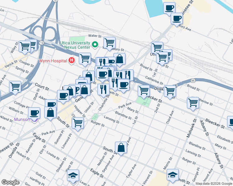 map of restaurants, bars, coffee shops, grocery stores, and more near 519-599 Charlotte Street in Utica