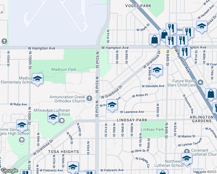 map of restaurants, bars, coffee shops, grocery stores, and more near 9111 West Herbert Court in Milwaukee