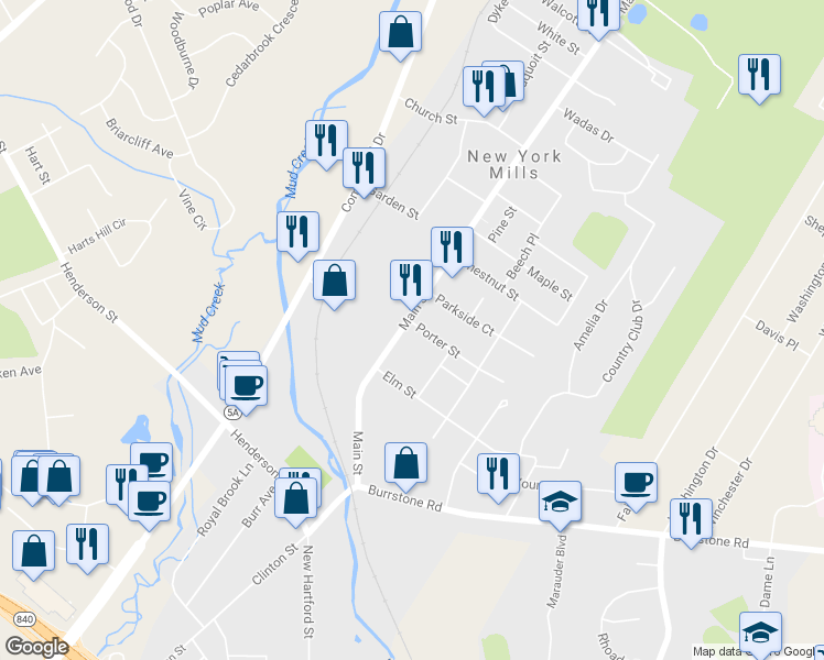 map of restaurants, bars, coffee shops, grocery stores, and more near 479 Main Street in New York Mills