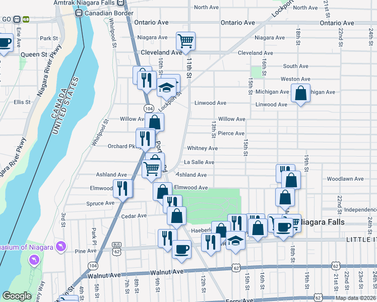 map of restaurants, bars, coffee shops, grocery stores, and more near 1128 Whitney Avenue in Niagara Falls