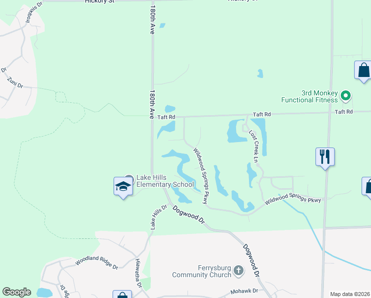 map of restaurants, bars, coffee shops, grocery stores, and more near 18089 Wildwood Springs Parkway in Spring Lake