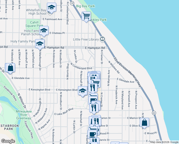 map of restaurants, bars, coffee shops, grocery stores, and more near 1715 East Cumberland Boulevard in Whitefish Bay