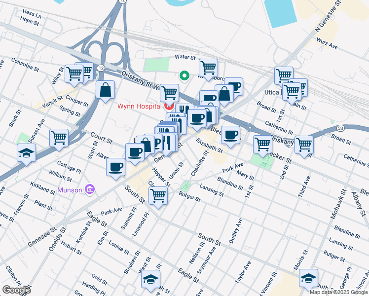 map of restaurants, bars, coffee shops, grocery stores, and more near 207 Genesee Street in Utica