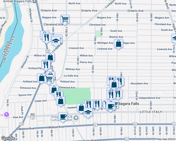 map of restaurants, bars, coffee shops, grocery stores, and more near 1345 Whitney Avenue in Niagara Falls