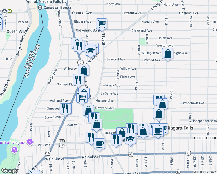 map of restaurants, bars, coffee shops, grocery stores, and more near 1133 Whitney Avenue in Niagara Falls