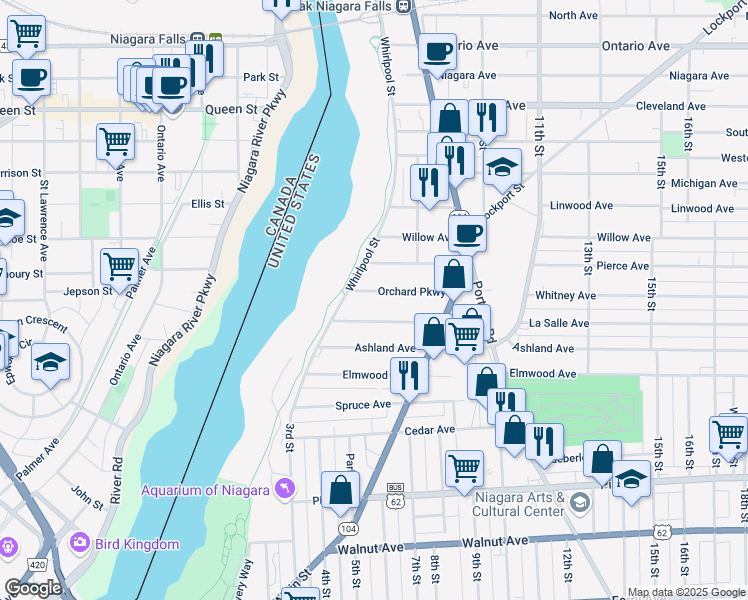 map of restaurants, bars, coffee shops, grocery stores, and more near 638 Orchard Parkway in Niagara Falls