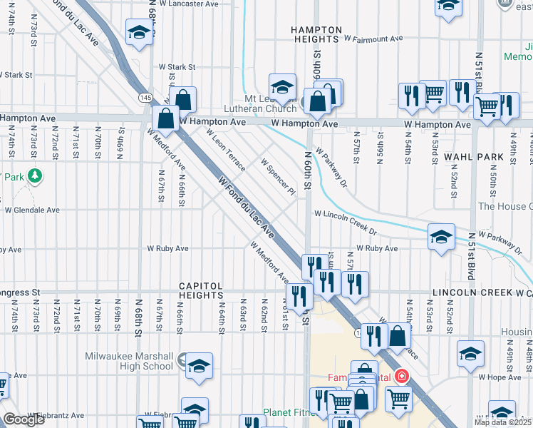 map of restaurants, bars, coffee shops, grocery stores, and more near 6222 West Fond Du Lac Avenue in Milwaukee
