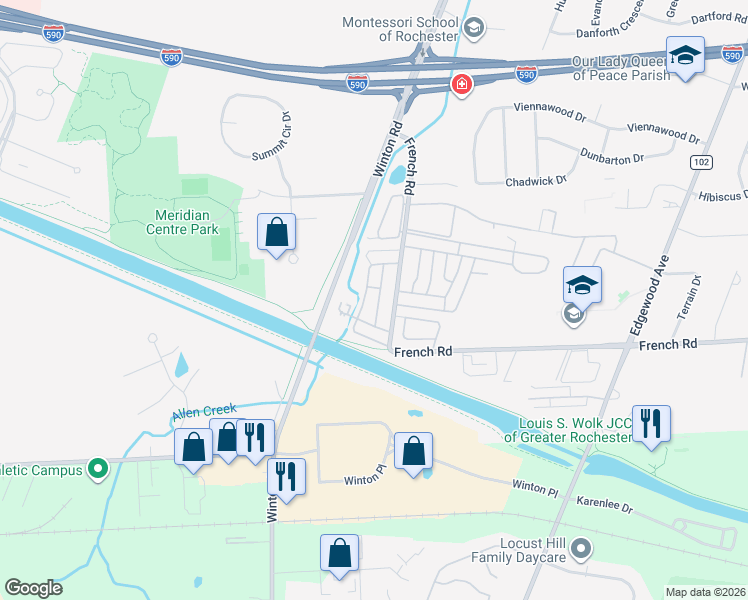 map of restaurants, bars, coffee shops, grocery stores, and more near 579 Eastbrooke Lane in Rochester