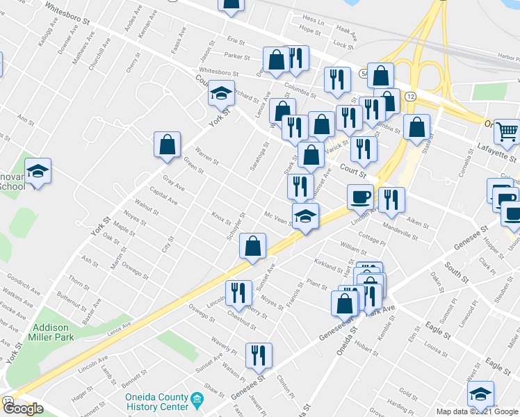 map of restaurants, bars, coffee shops, grocery stores, and more near 1100 Stark Street in Utica