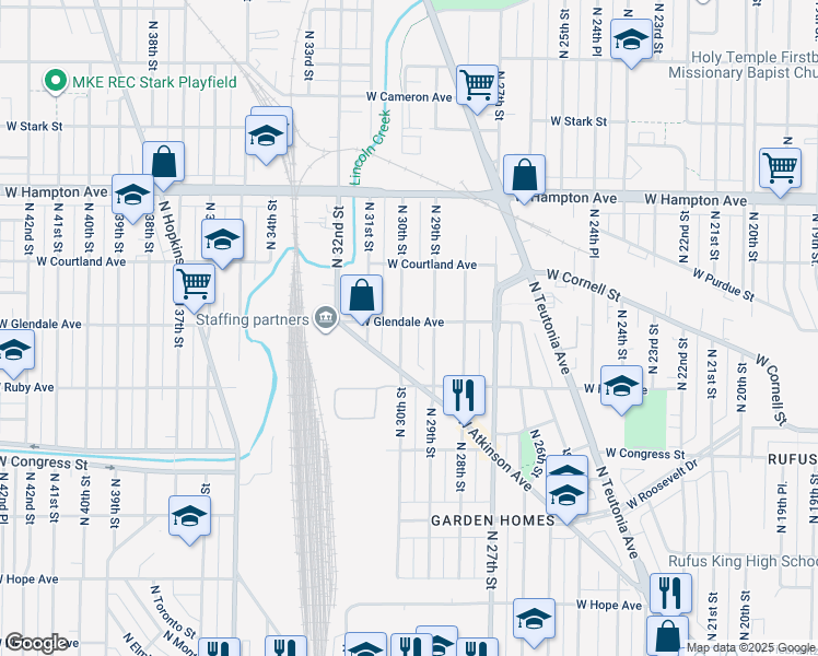 map of restaurants, bars, coffee shops, grocery stores, and more near 4576 North 30th Street in Milwaukee