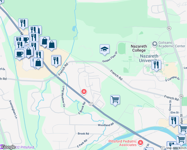 map of restaurants, bars, coffee shops, grocery stores, and more near 26 Colonial Parkway in Pittsford