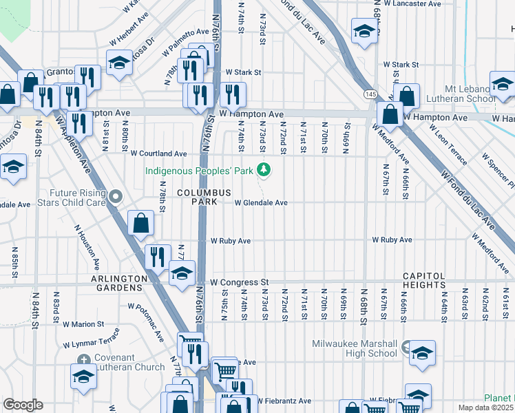 map of restaurants, bars, coffee shops, grocery stores, and more near 4573 North 73rd Street in Milwaukee