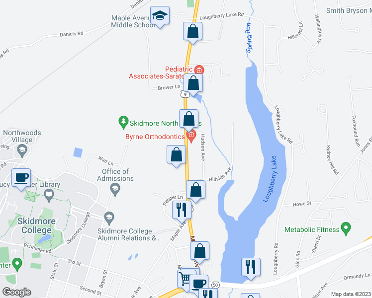 map of restaurants, bars, coffee shops, grocery stores, and more near 454 Maple Avenue in Saratoga Springs