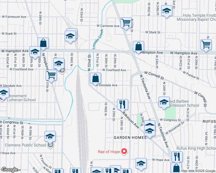 map of restaurants, bars, coffee shops, grocery stores, and more near 4576 North 30th Street in Milwaukee