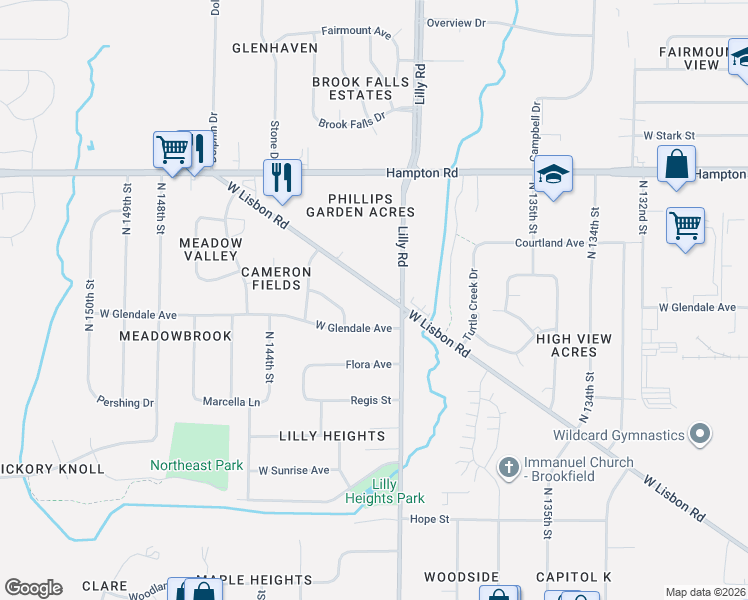 map of restaurants, bars, coffee shops, grocery stores, and more near 14125 West Lisbon Road in Brookfield