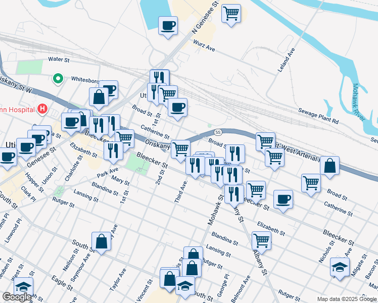 map of restaurants, bars, coffee shops, grocery stores, and more near Oriskany Street East in Utica