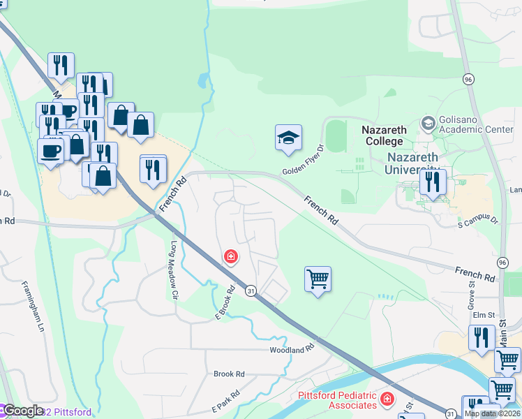 map of restaurants, bars, coffee shops, grocery stores, and more near 27 Colonial Parkway in Pittsford