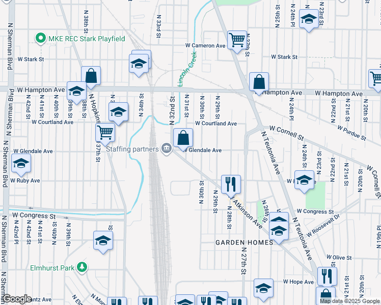 map of restaurants, bars, coffee shops, grocery stores, and more near 4605 North 30th Street in Milwaukee