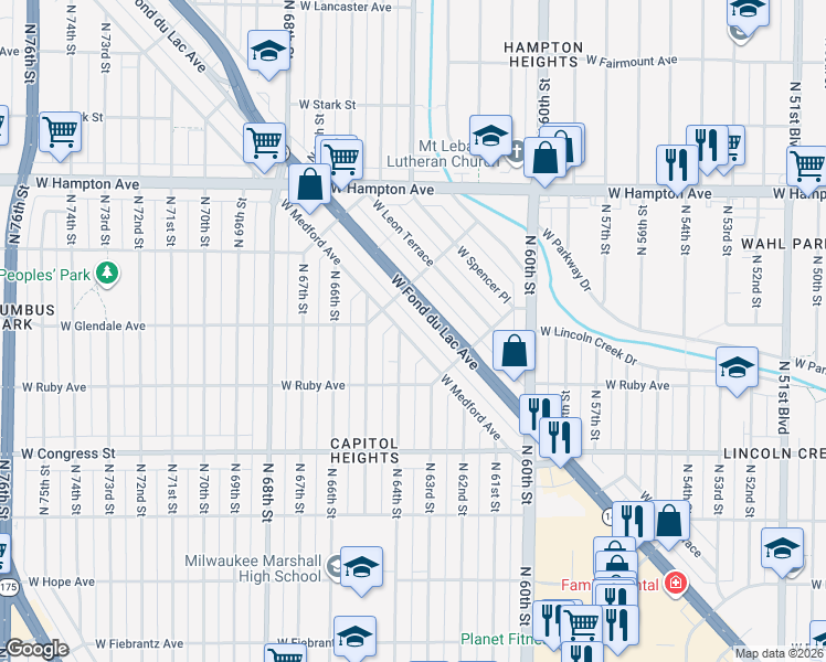 map of restaurants, bars, coffee shops, grocery stores, and more near 6372 W Medford Ave in Milwaukee