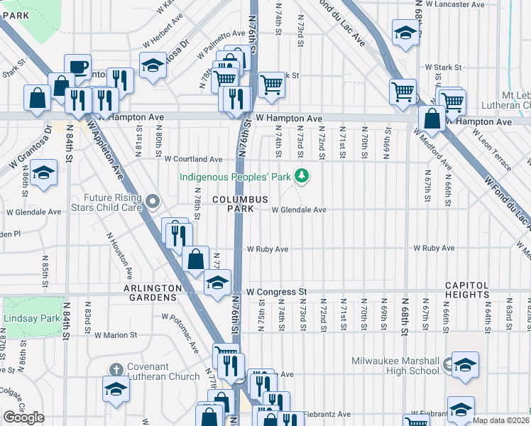 map of restaurants, bars, coffee shops, grocery stores, and more near 7406 West Glendale Avenue in Milwaukee