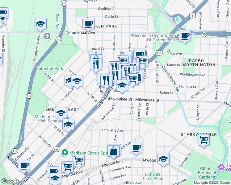 map of restaurants, bars, coffee shops, grocery stores, and more near 2622 Union Street in Madison