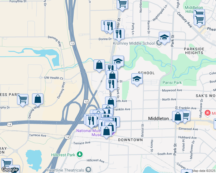 map of restaurants, bars, coffee shops, grocery stores, and more near 2310 Parmenter Street in Middleton