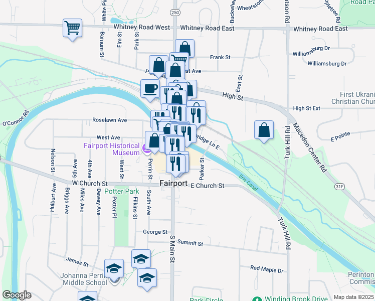 map of restaurants, bars, coffee shops, grocery stores, and more near 400 Packetts Landing in Fairport