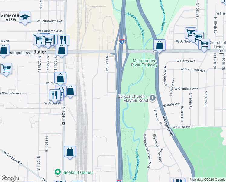 map of restaurants, bars, coffee shops, grocery stores, and more near 4621 North 117th Street in Wauwatosa