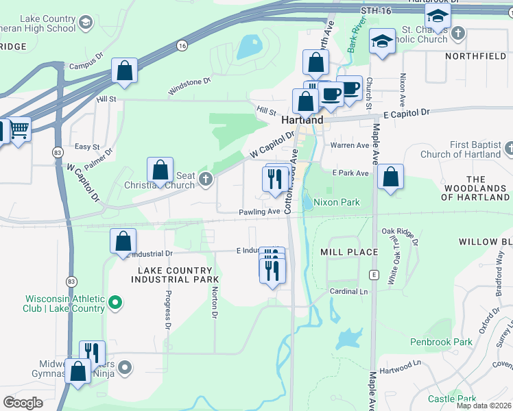 map of restaurants, bars, coffee shops, grocery stores, and more near 210 Pawling Avenue in Hartland