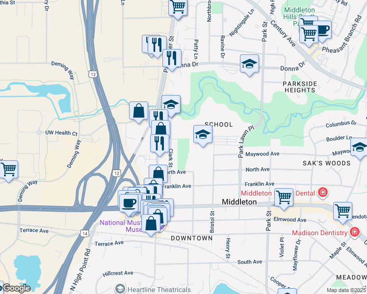 map of restaurants, bars, coffee shops, grocery stores, and more near 7400 Lee Street in Middleton