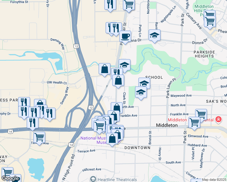 map of restaurants, bars, coffee shops, grocery stores, and more near 2310 Parmenter Street in Middleton