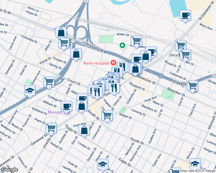 map of restaurants, bars, coffee shops, grocery stores, and more near 714 Washington Street in Utica