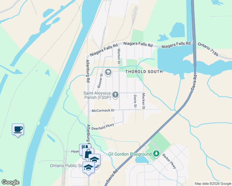 map of restaurants, bars, coffee shops, grocery stores, and more near Clara Street in Thorold