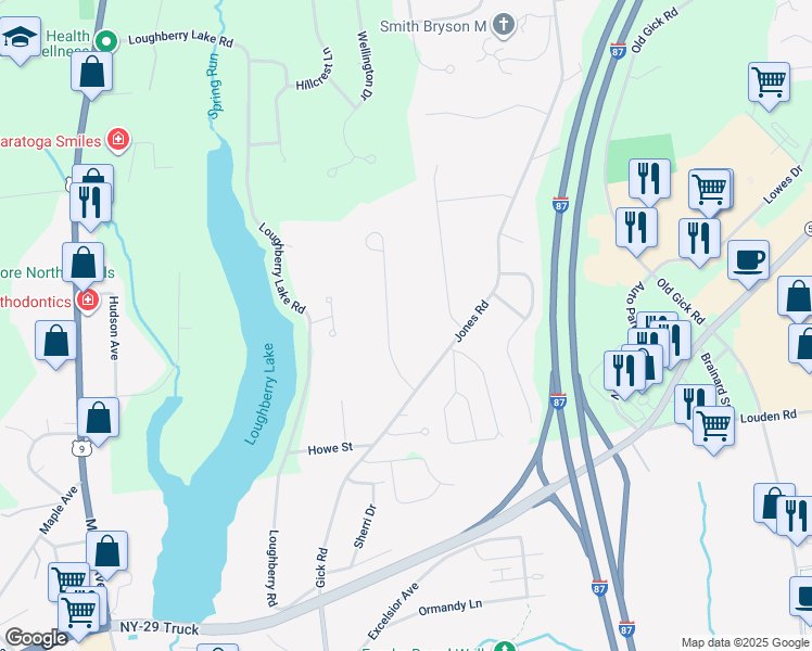 map of restaurants, bars, coffee shops, grocery stores, and more near 10 Sydney Hill Road in Saratoga Springs