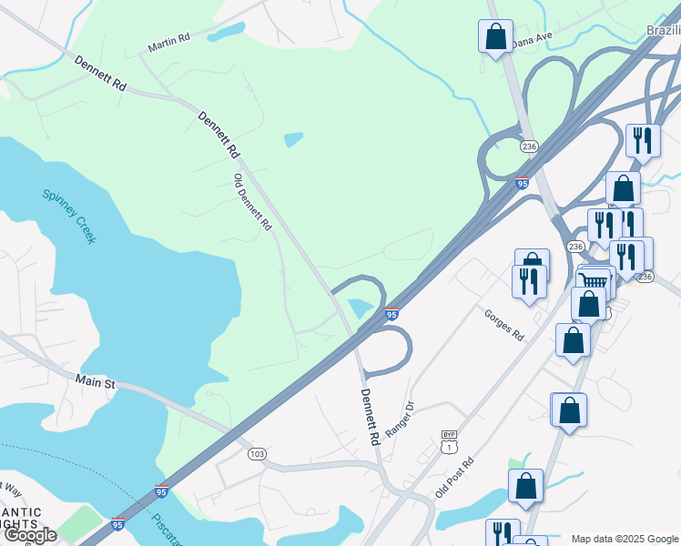 map of restaurants, bars, coffee shops, grocery stores, and more near 64 Dennett Road in Kittery