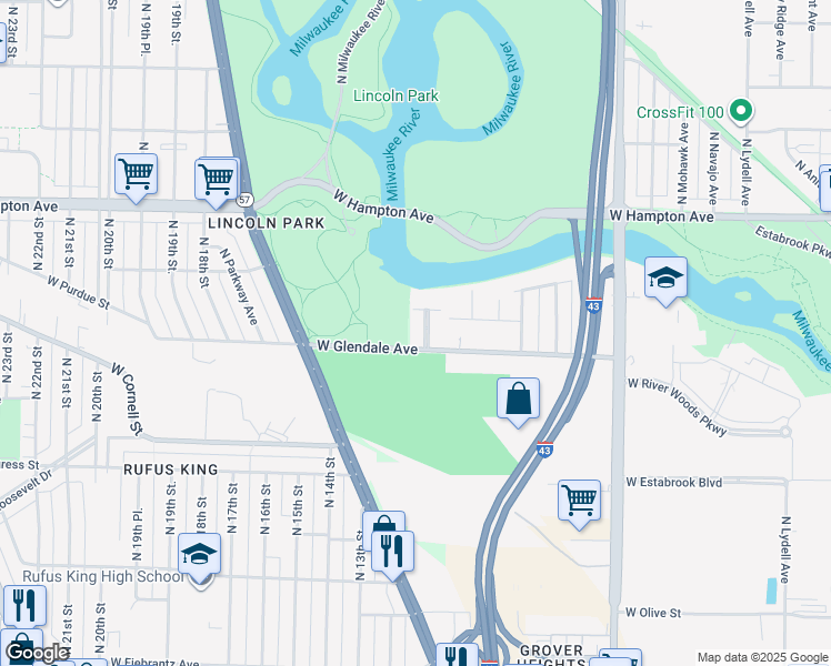 map of restaurants, bars, coffee shops, grocery stores, and more near 4633 North River Park Boulevard in Glendale