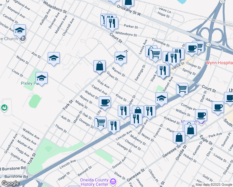 map of restaurants, bars, coffee shops, grocery stores, and more near 1118 Lenox Avenue in Utica