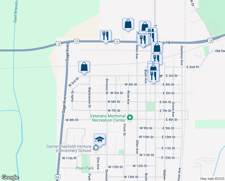 map of restaurants, bars, coffee shops, grocery stores, and more near 401-499 Center Avenue in Garner