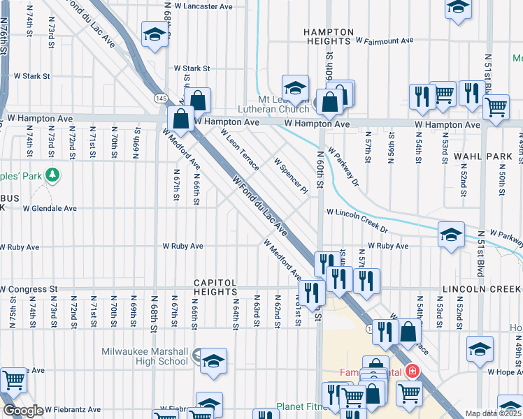 map of restaurants, bars, coffee shops, grocery stores, and more near 6245 West Fond Du Lac Avenue in Milwaukee
