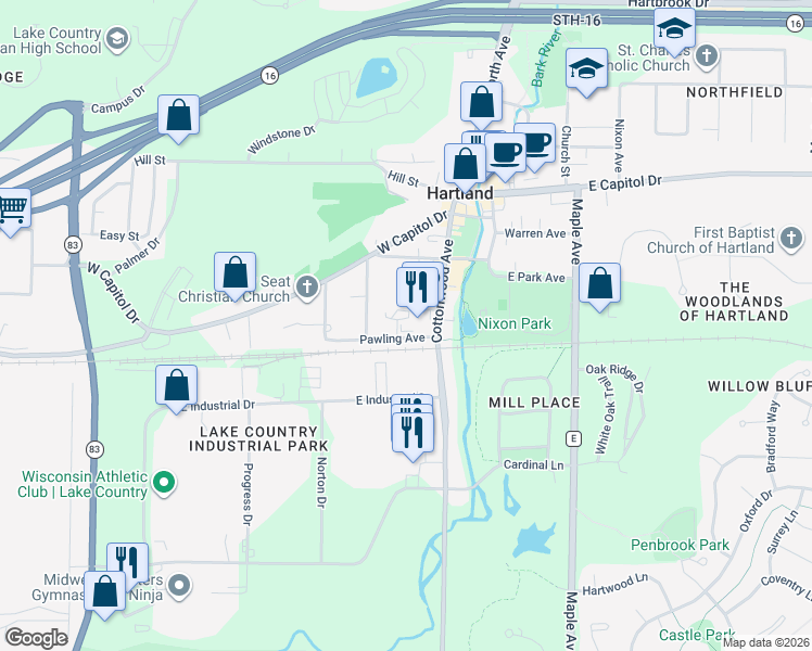 map of restaurants, bars, coffee shops, grocery stores, and more near 210 Pawling Avenue in Hartland