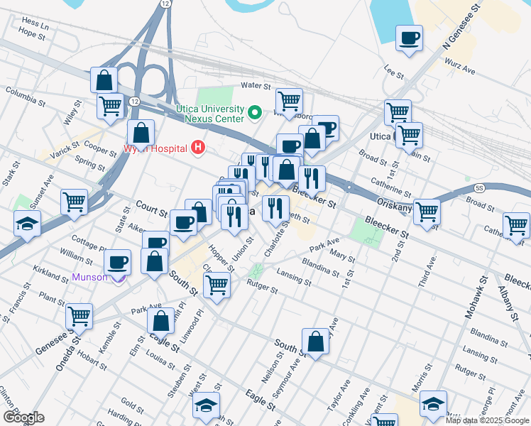 map of restaurants, bars, coffee shops, grocery stores, and more near 7 Devereux Street in Utica