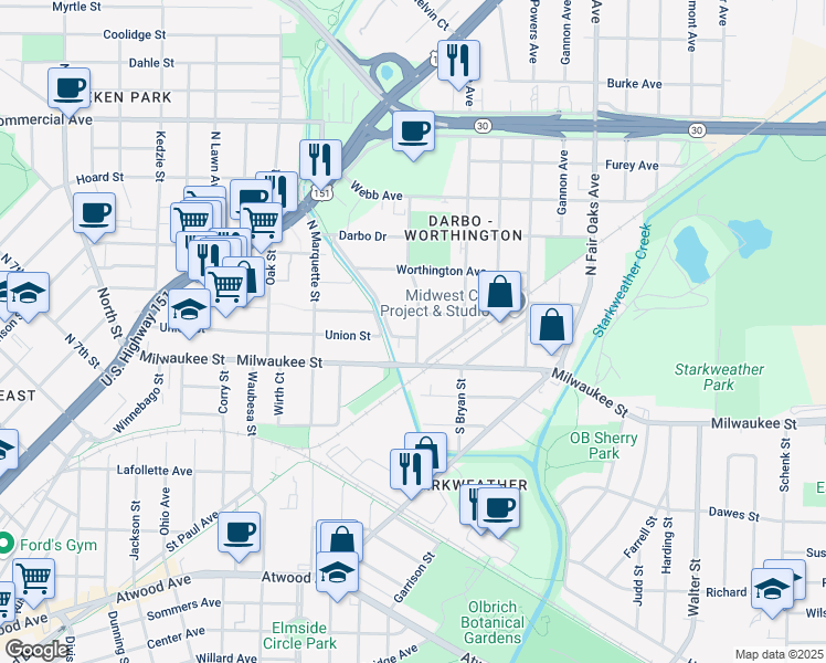 map of restaurants, bars, coffee shops, grocery stores, and more near 3109 Hermina Street in Madison