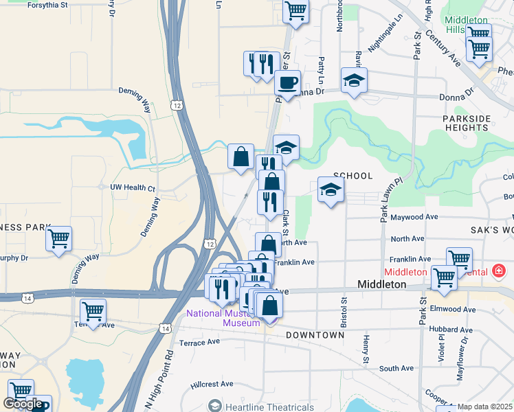 map of restaurants, bars, coffee shops, grocery stores, and more near 2310 Parmenter Street in Middleton