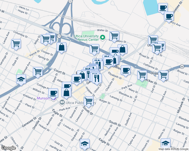 map of restaurants, bars, coffee shops, grocery stores, and more near 226 Genesee Street in Utica